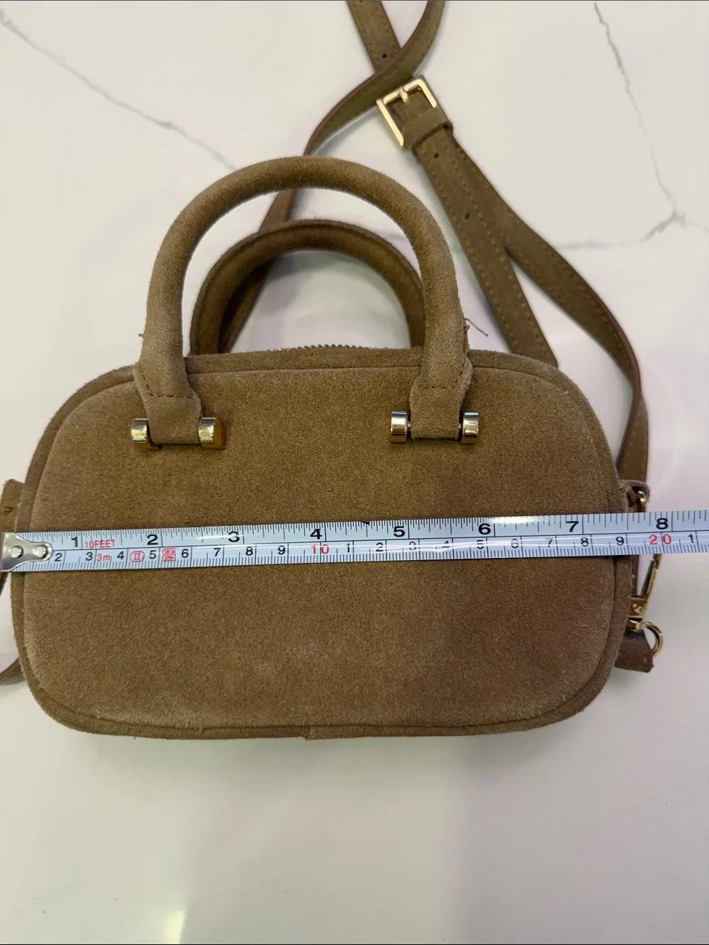 Suede Crossbody Mini Satchel in Light Brown